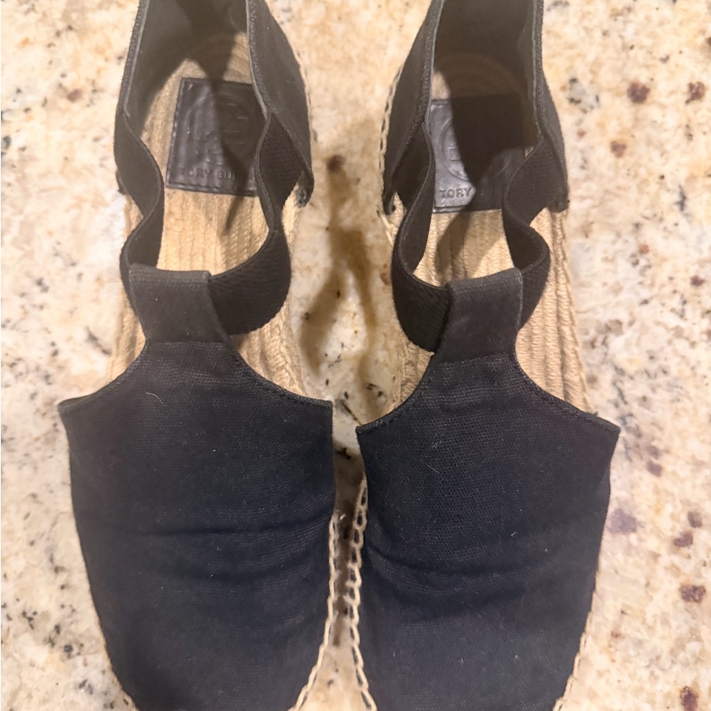 Tory Burch Black Canvas Espadrille Wedge Sandals